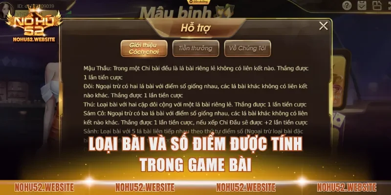 Loại bài và số điểm được tính trong game bài